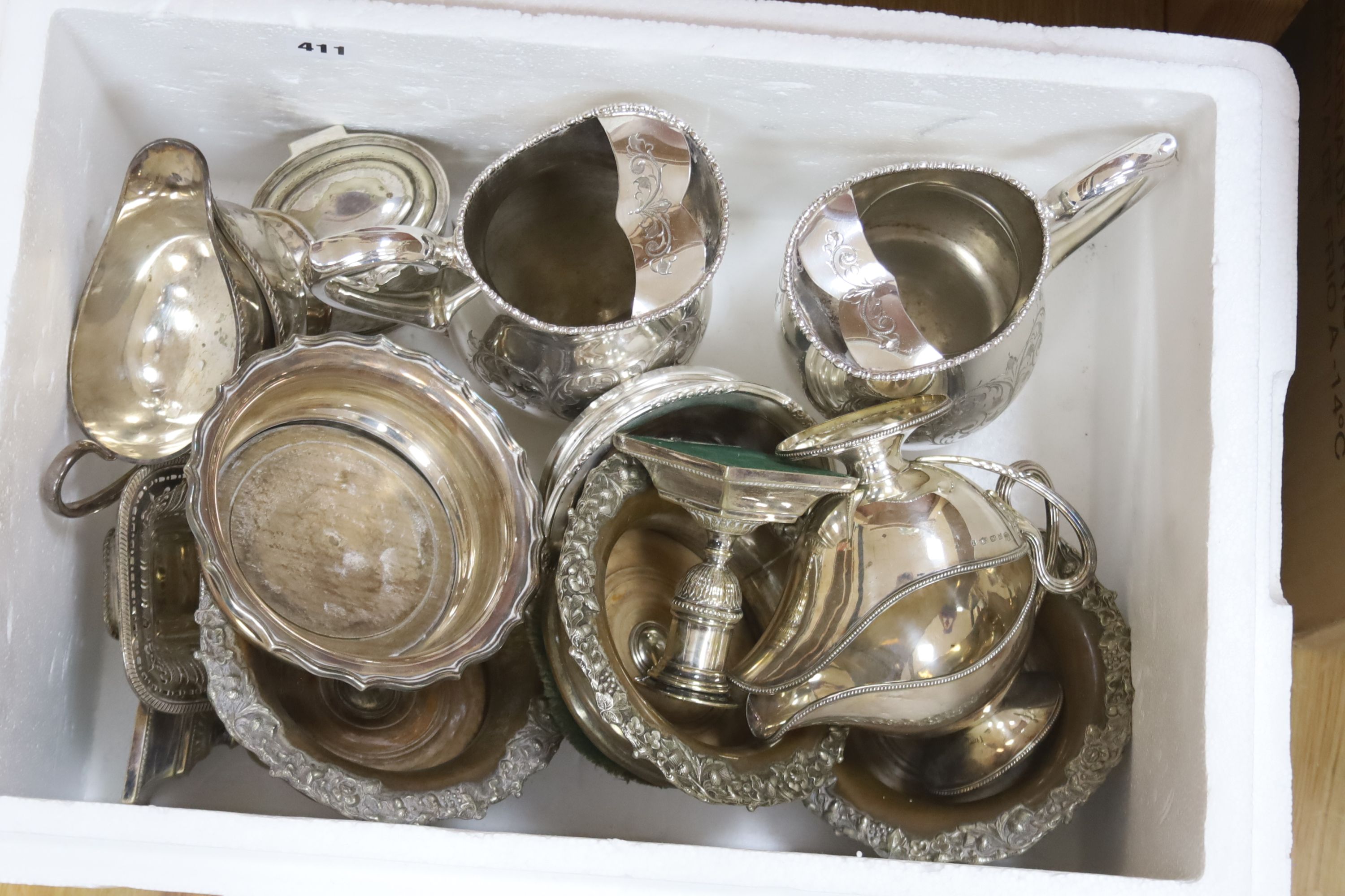 Assorted plated ware including pair of lemonade jugs, two pairs of sauceboats, tea caddy and wine coasters